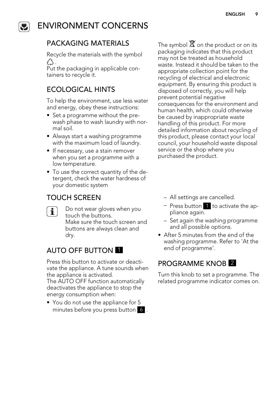 Environment concerns, Packaging materials, Ecological hints | Touch screen, Auto off button, Programme knob | AEG L 98499 FL User Manual | Page 9 / 44