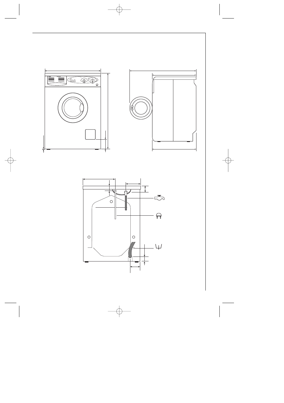 Dimensions of the appliance, Front view and side view rear view | AEG LAVAMAT 61-81-102 User Manual | Page 33 / 38