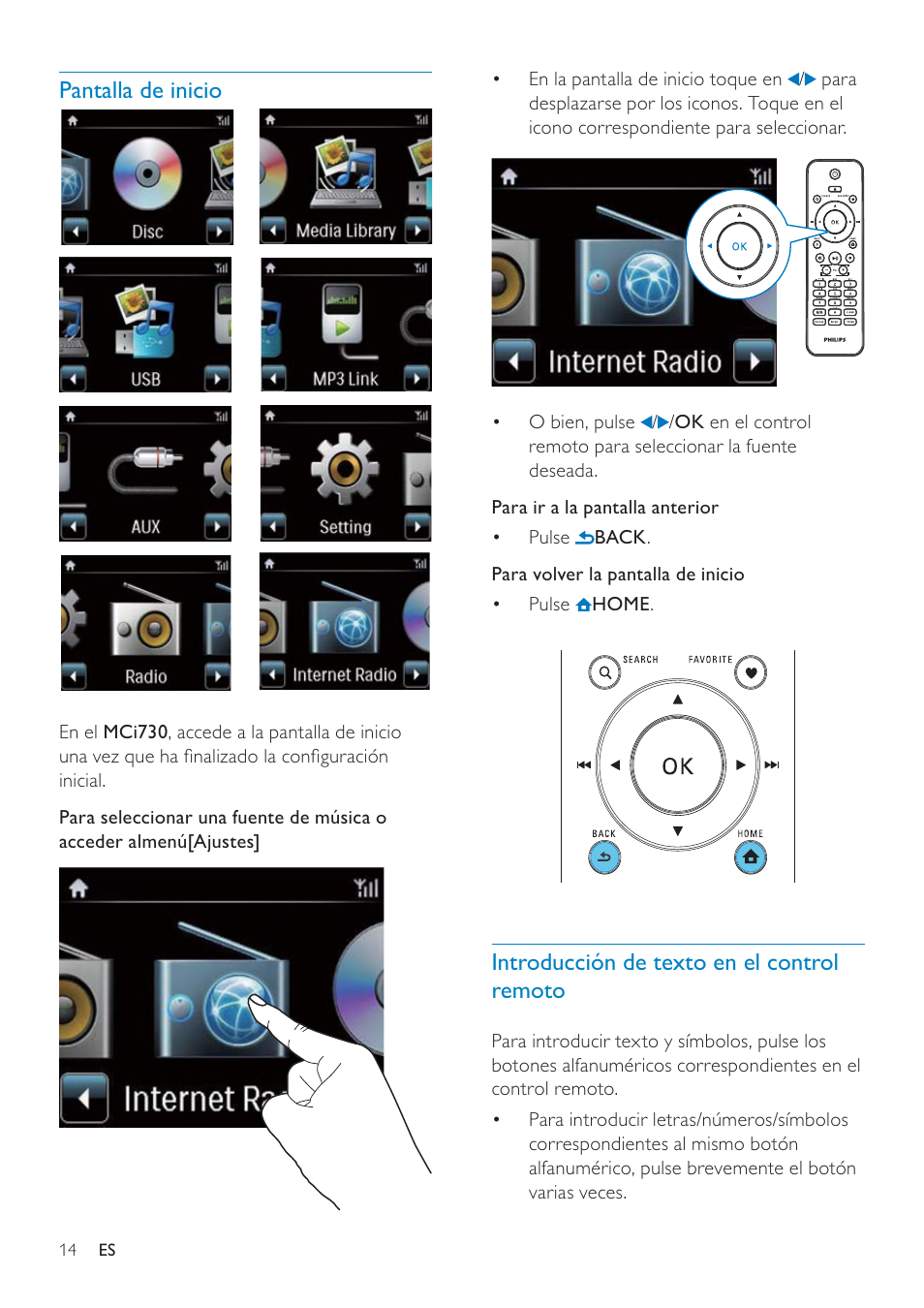 Pantalla de inicio, Introducción de texto en el control remoto | Philips Streamium Sistema Hi-Fi con componentes Wi-Fi User Manual | Page 14 / 78