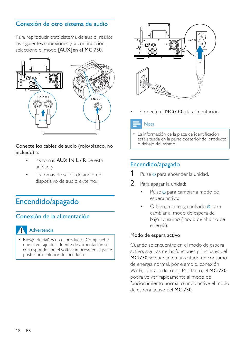 Conexión de otro sistema de audio, Encendido/apagado, Conexión de la alimentación | Conexión de otro sistema de audio 18, Encendido/apagado 18 | Philips Streamium Sistema Hi-Fi con componentes Wi-Fi User Manual | Page 18 / 78