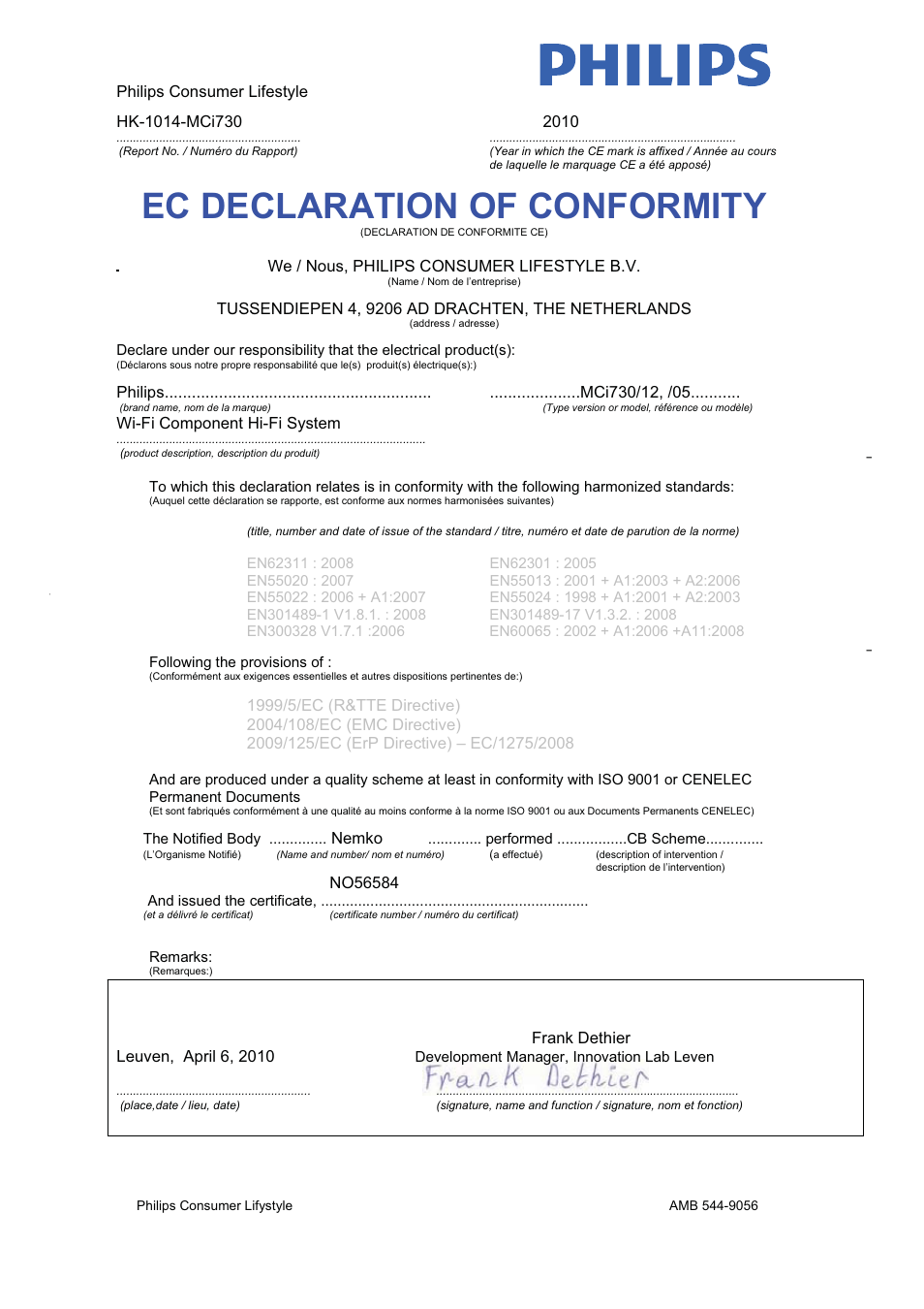 Ec declaration of conformity | Philips Streamium Sistema Hi-Fi con componentes Wi-Fi User Manual | Page 2 / 78