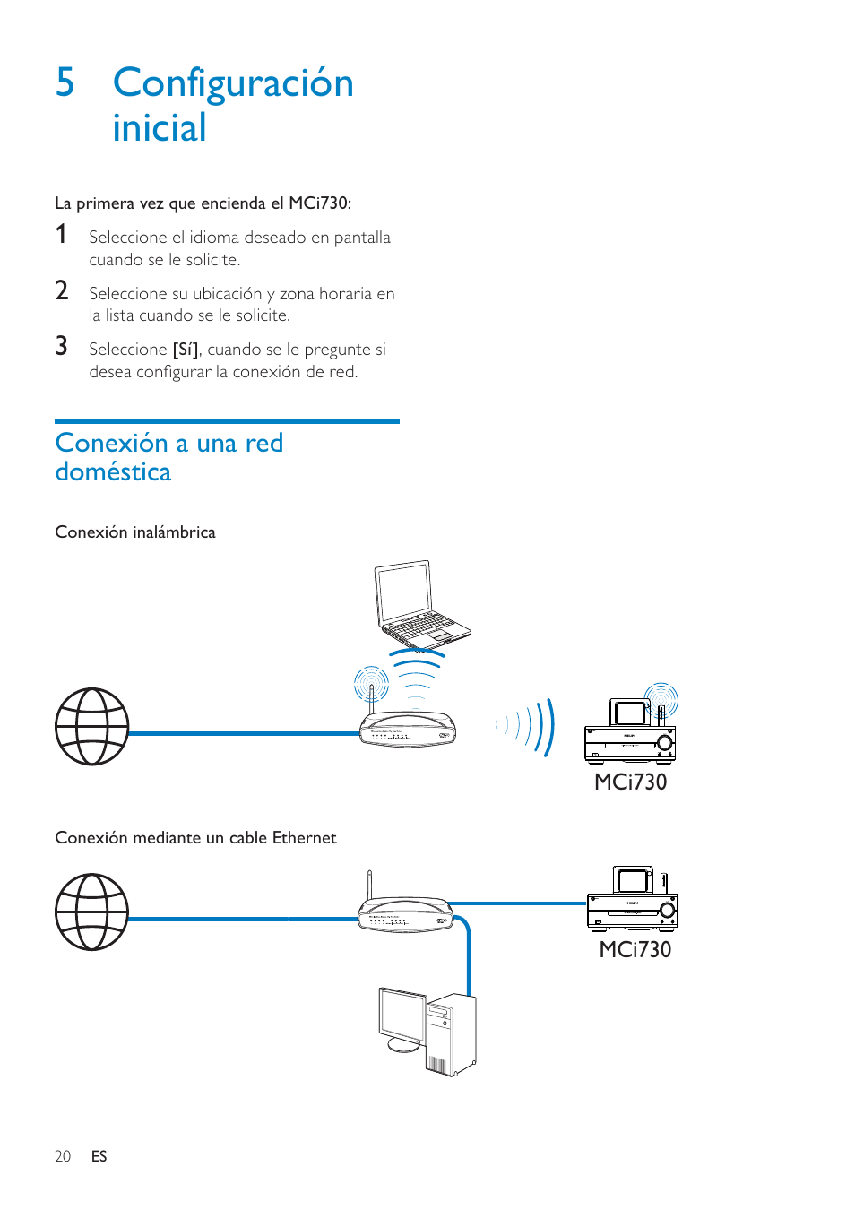 5 configuración inicial, Conexión a una red doméstica, 5 conﬁguración | Inicial | Philips Streamium Sistema Hi-Fi con componentes Wi-Fi User Manual | Page 20 / 78
