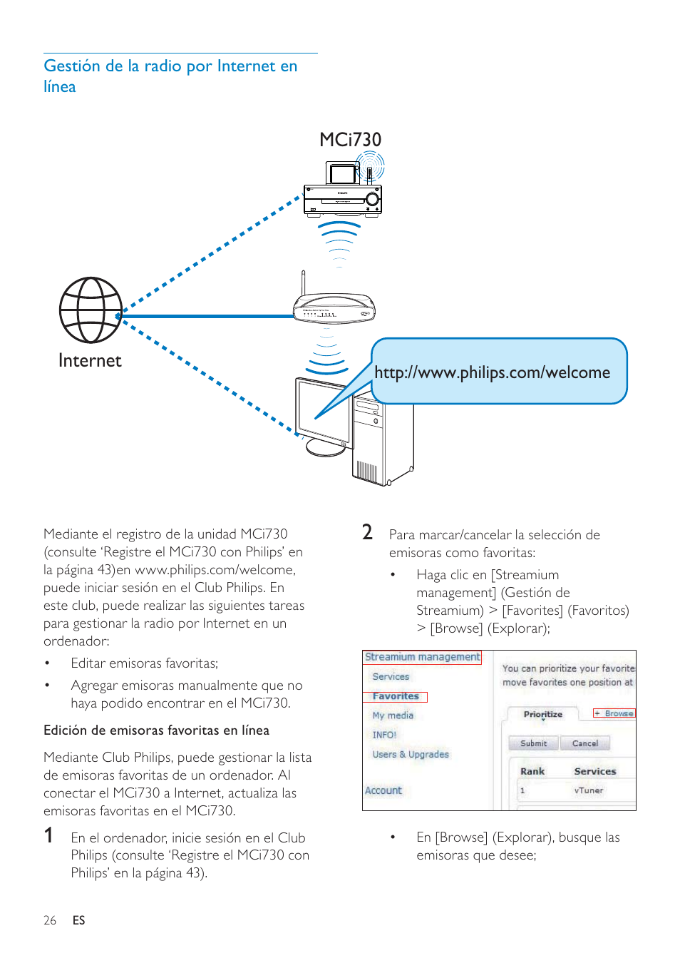 Gestión de la radio por internet en línea | Philips Streamium Sistema Hi-Fi con componentes Wi-Fi User Manual | Page 26 / 78