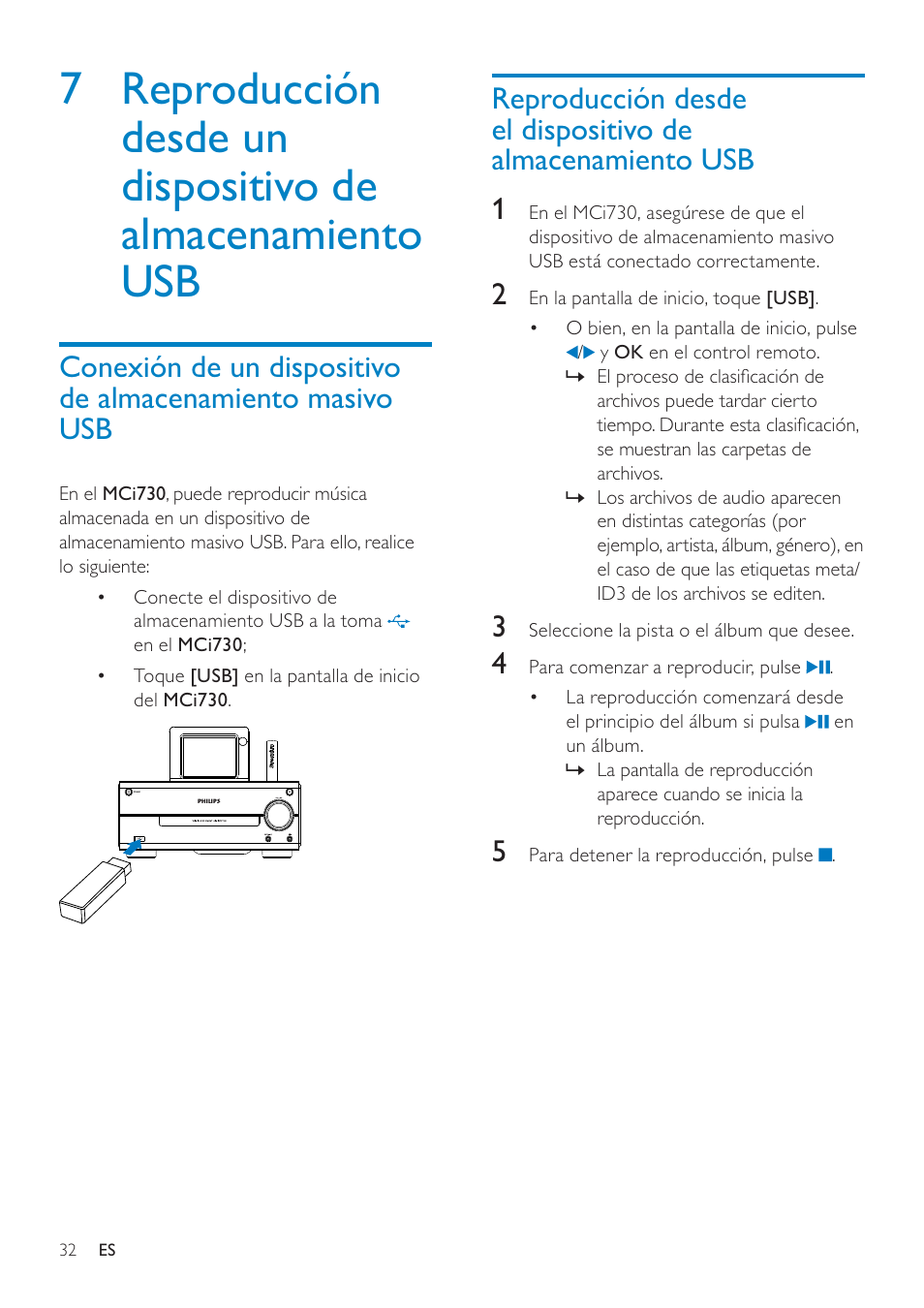 7 reproducción desde un dispositivo, De almacenamiento usb | Philips Streamium Sistema Hi-Fi con componentes Wi-Fi User Manual | Page 32 / 78