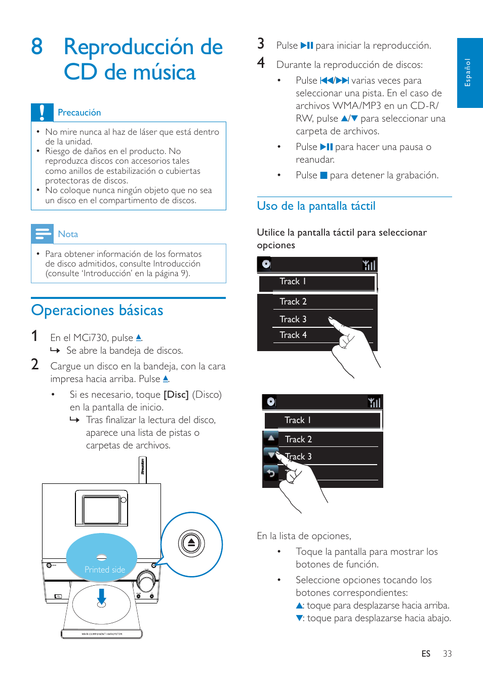 8 reproducción de cd de música, Operaciones básicas, Uso de la pantalla táctil | Philips Streamium Sistema Hi-Fi con componentes Wi-Fi User Manual | Page 33 / 78