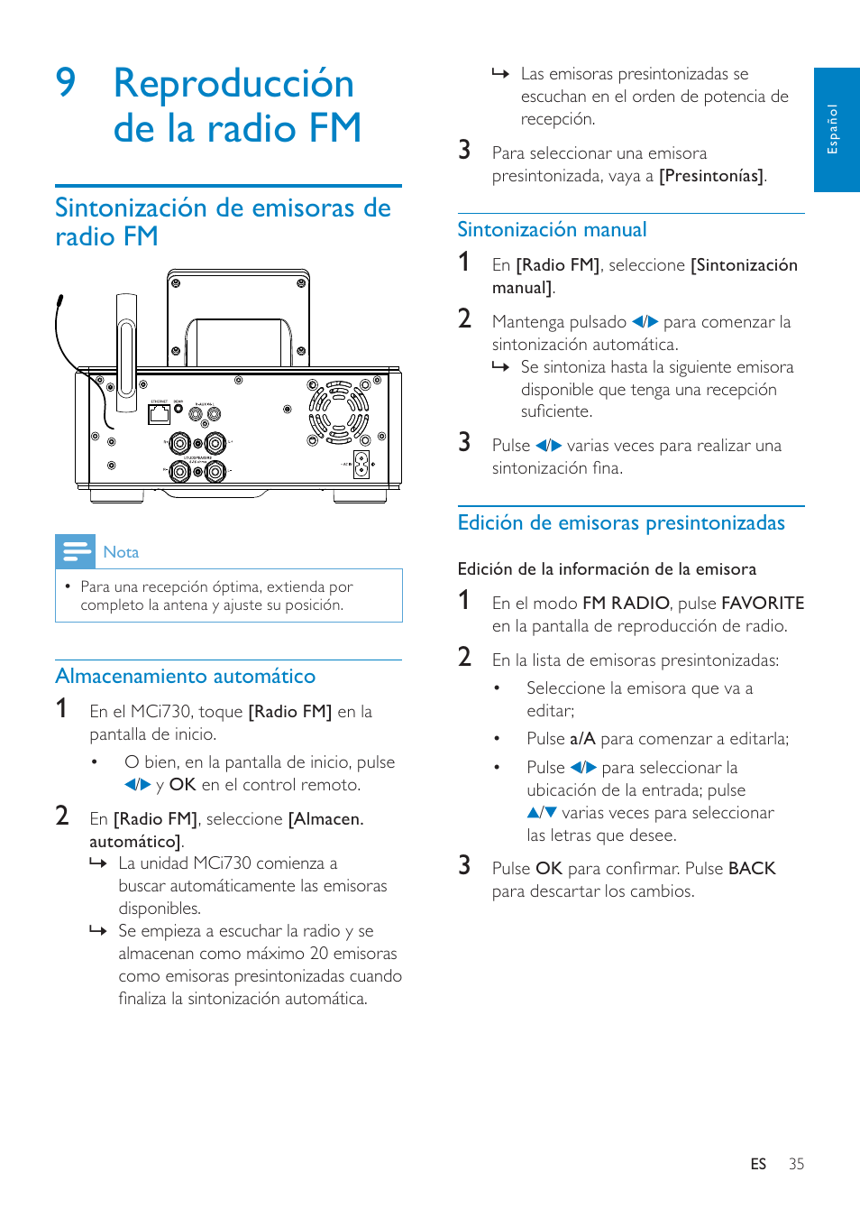 9 reproducción de la radio fm, Sintonización de emisoras de radio fm, Almacenamiento automático | Sintonización manual, Edición de emisoras presintonizadas, Sintonización de emisoras de radio fm 35, Edición de emisoras presintonizadas 35 | Philips Streamium Sistema Hi-Fi con componentes Wi-Fi User Manual | Page 35 / 78