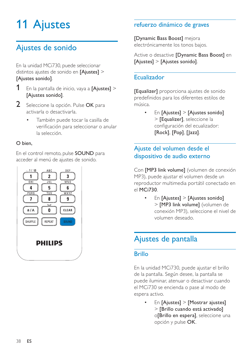 11 ajustes, Ajustes de sonido, Refuerzo dinámico de graves | Ecualizador, Ajustes de pantalla, Brillo, Brillo 38, S ajustes de sonido, A 38, A 38) d | Philips Streamium Sistema Hi-Fi con componentes Wi-Fi User Manual | Page 38 / 78