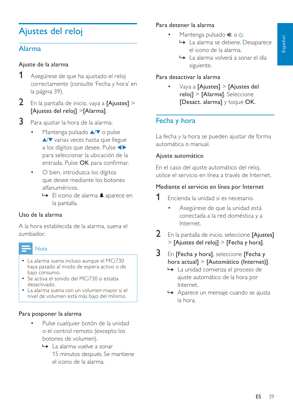 Ajustes del reloj, Alarma, Fecha y hora | Alarma 39 fecha y hora | Philips Streamium Sistema Hi-Fi con componentes Wi-Fi User Manual | Page 39 / 78