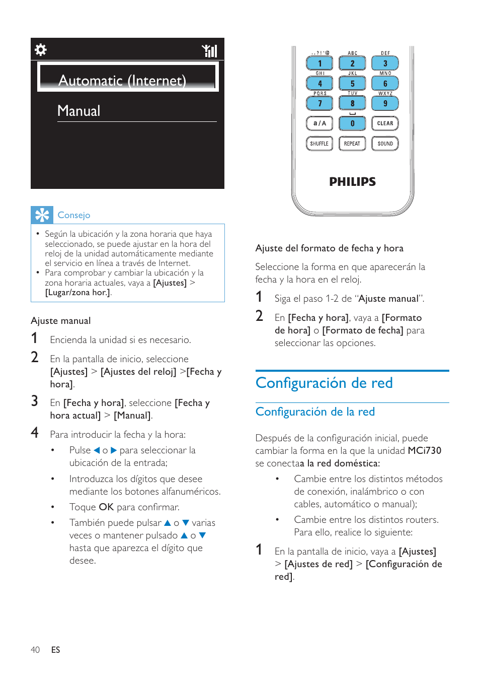 Configuración de red, Configuración de la red, Conﬁguración de red | Conﬁguración de la red | Philips Streamium Sistema Hi-Fi con componentes Wi-Fi User Manual | Page 40 / 78