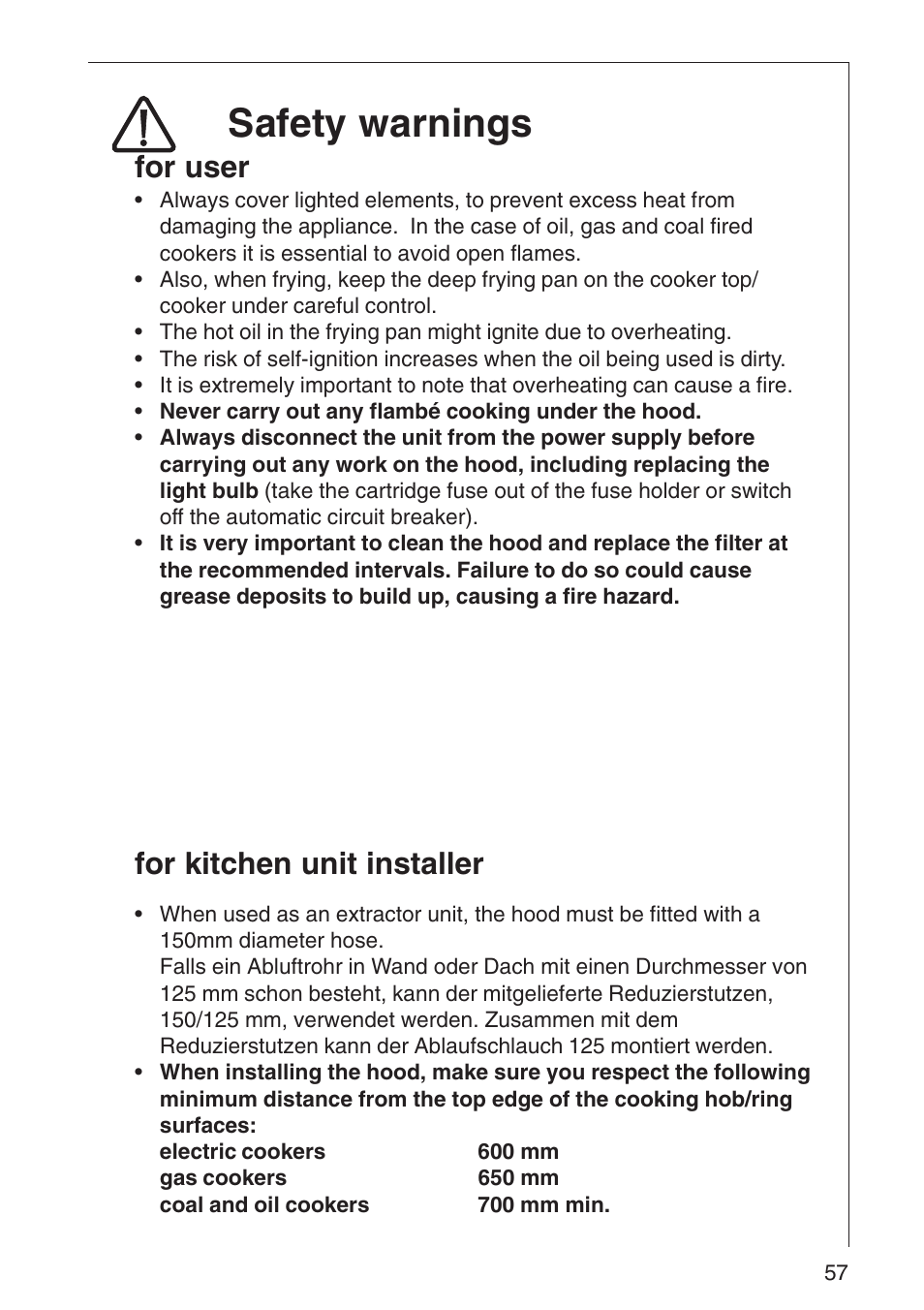 Safety warnings, For user, For kitchen unit installer | AEG 3010 D User Manual | Page 3 / 17