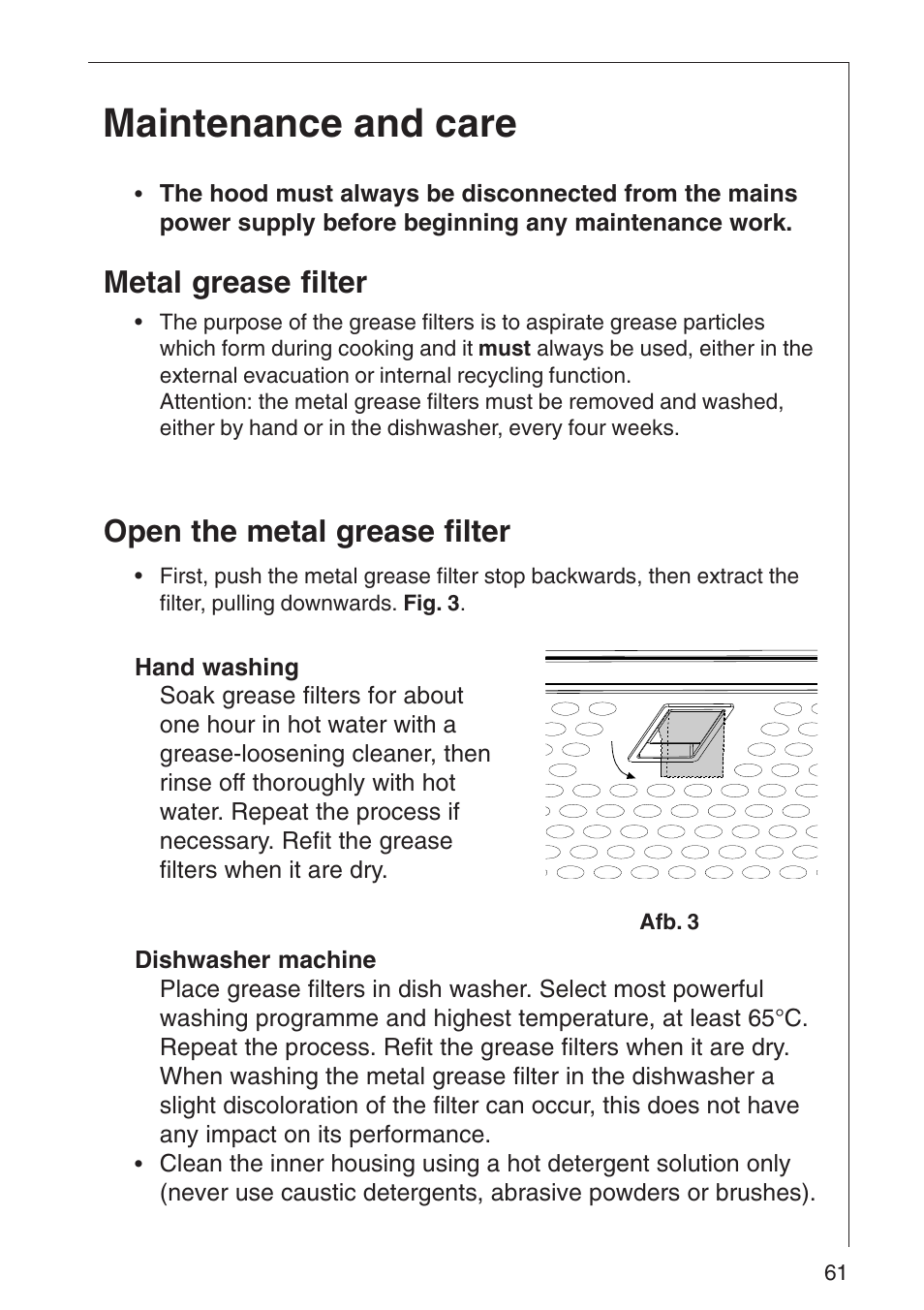 Maintenance and care, Metal grease filter, Open the metal grease filter | AEG 3010 D User Manual | Page 7 / 17
