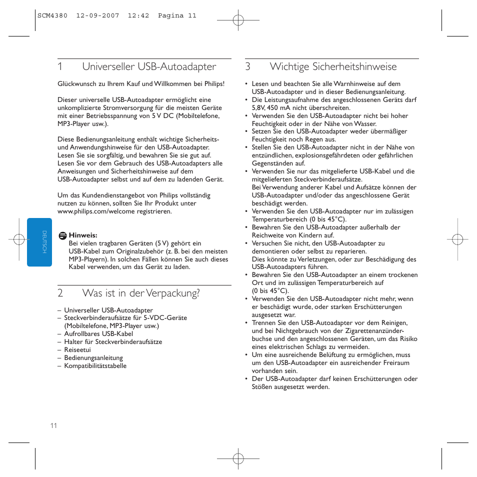 1universeller usb-autoadapter, 2was ist in der verpackung, 3wichtige sicherheitshinweise | Philips Power2Charge User Manual | Page 11 / 49
