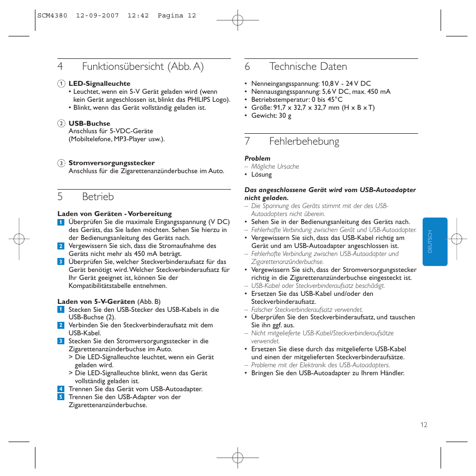 4funktionsübersicht (abb. a), 5betrieb, 6technische daten | 7fehlerbehebung | Philips Power2Charge User Manual | Page 12 / 49