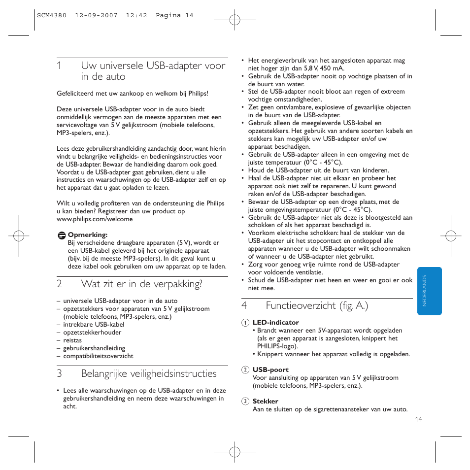 1uw universele usb-adapter voor in de auto, 2wat zit er in de verpakking, 3belangrijke veiligheidsinstructies | 4functieoverzicht (fig. a.) | Philips Power2Charge User Manual | Page 14 / 49