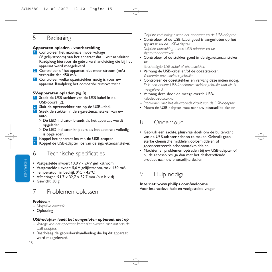 5bediening, 6technische specificaties, 7problemen oplossen | 8onderhoud, 9hulp nodig | Philips Power2Charge User Manual | Page 15 / 49