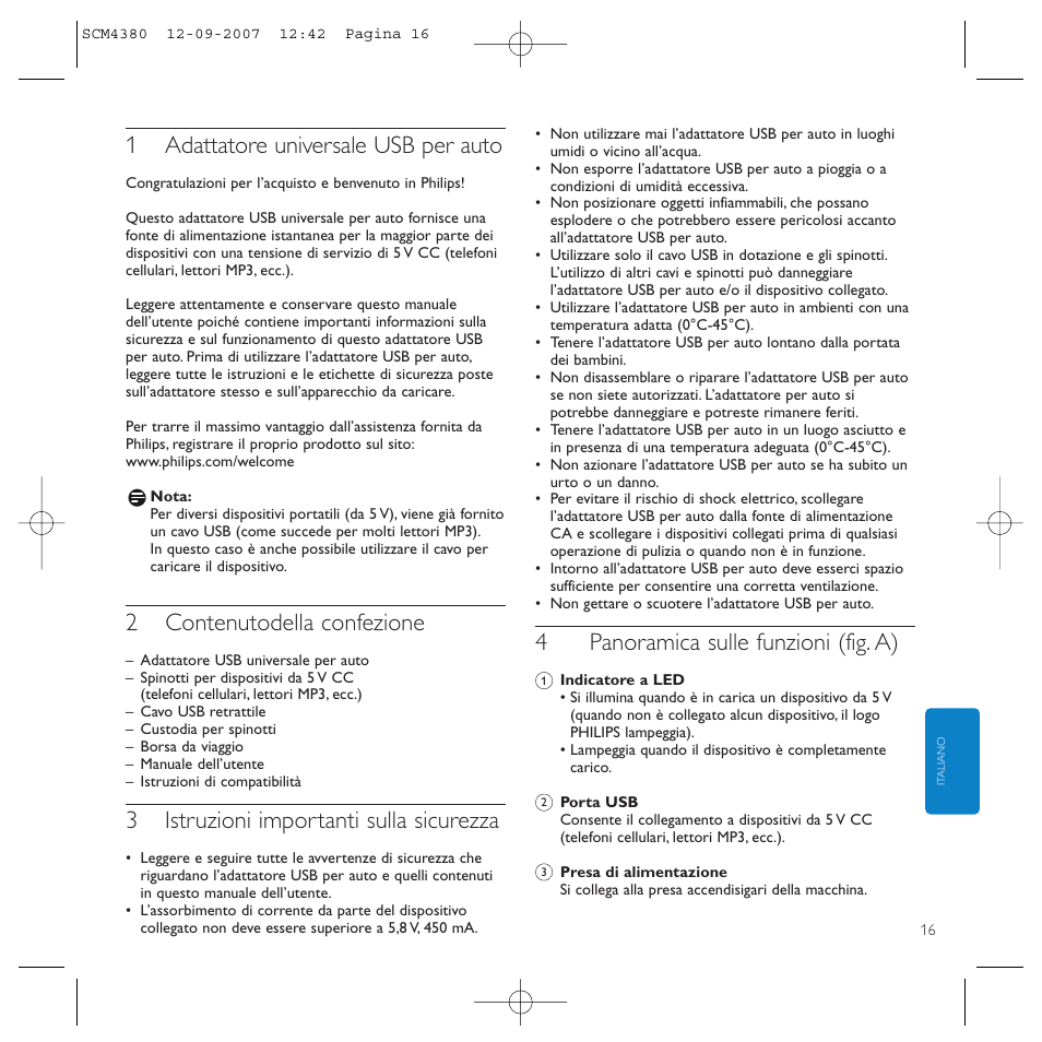 1adattatore universale usb per auto, 2contenutodella confezione, 3istruzioni importanti sulla sicurezza | 4panoramica sulle funzioni (fig. a) | Philips Power2Charge User Manual | Page 16 / 49