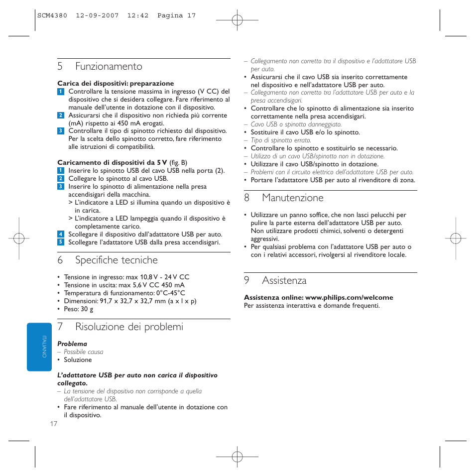 5funzionamento, 6specifiche tecniche, 7risoluzione dei problemi | 8manutenzione, 9assistenza | Philips Power2Charge User Manual | Page 17 / 49