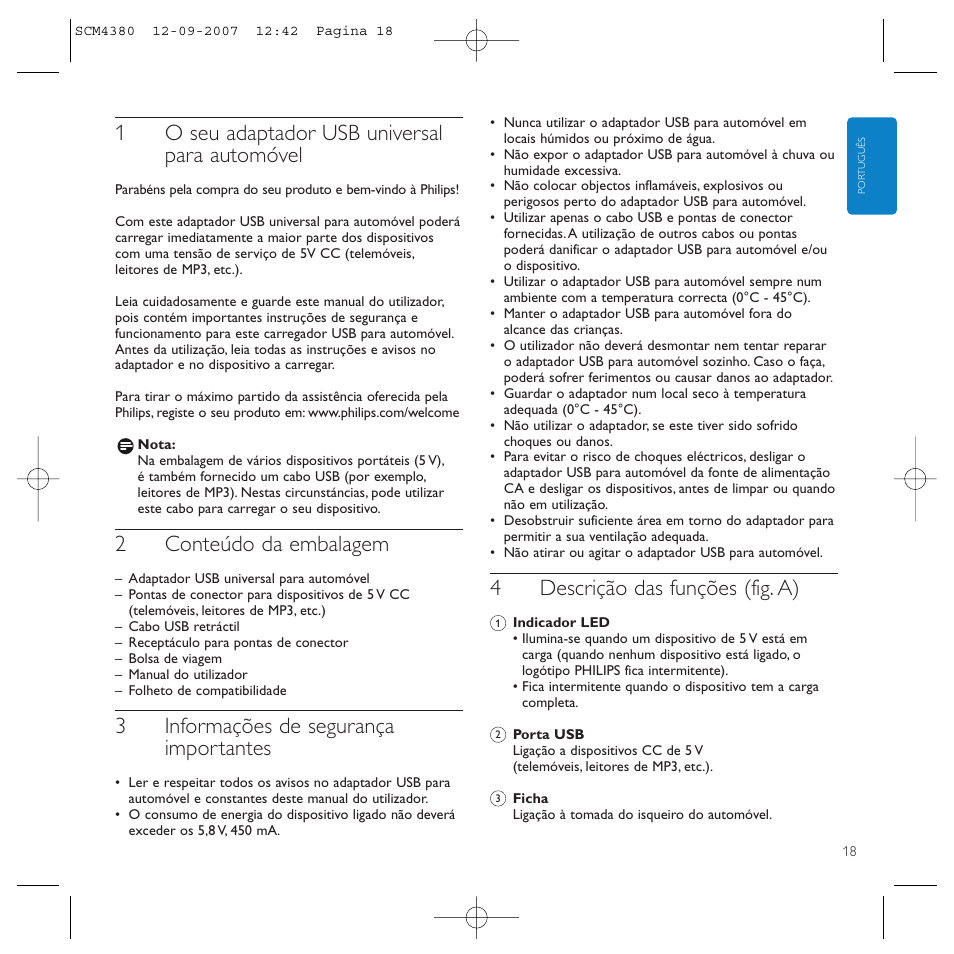 1o seu adaptador usb universal para automóvel, 2conteúdo da embalagem, 3informações de segurança importantes | 4descrição das funções (fig. a) | Philips Power2Charge User Manual | Page 18 / 49