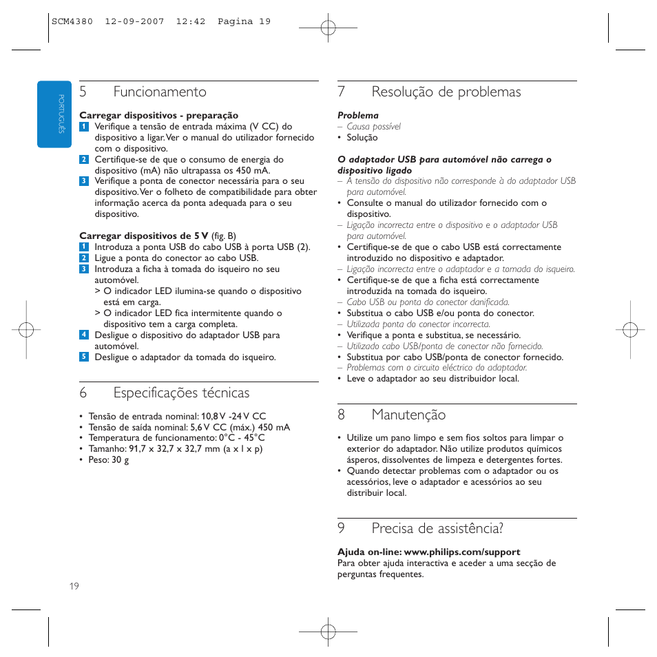 5funcionamento, 6especificações técnicas, 7resolução de problemas | 8manutenção, 9precisa de assistência | Philips Power2Charge User Manual | Page 19 / 49