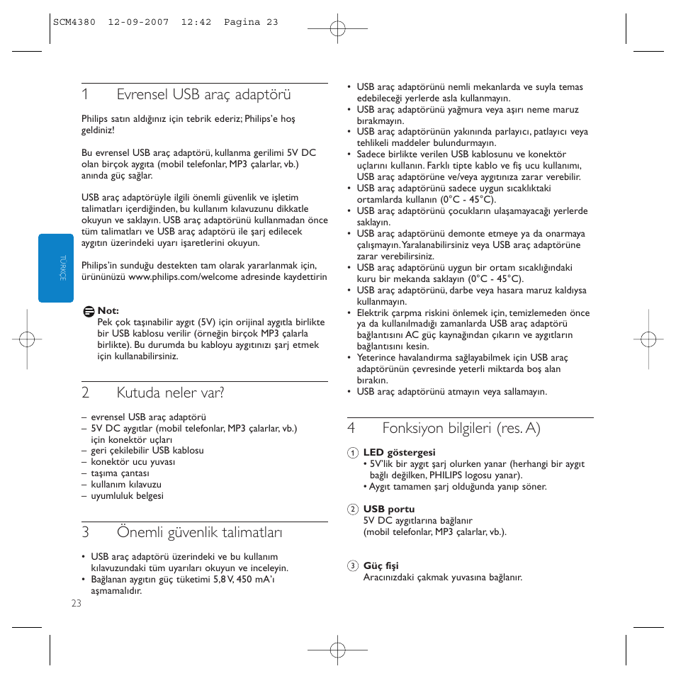 1evrensel usb araç adaptörü, 2kutuda neler var, 3önemli güvenlik talimatları | 4fonksiyon bilgileri (res. a) | Philips Power2Charge User Manual | Page 23 / 49