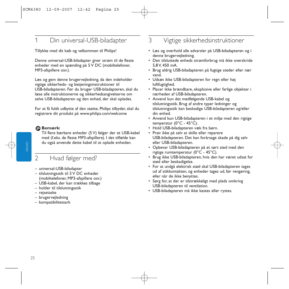 1din universal-usb-biladapter, 2hvad følger med, 3vigtige sikkerhedsinstruktioner | Philips Power2Charge User Manual | Page 25 / 49
