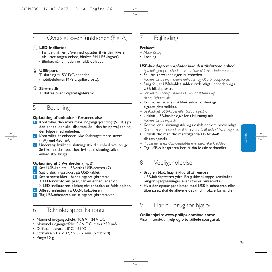 4oversigt over funktioner (fig. a), 5betjening, 6tekniske specifikationer | 7fejlfinding, 8vedligeholdelse, 9har du brug for hjælp | Philips Power2Charge User Manual | Page 26 / 49