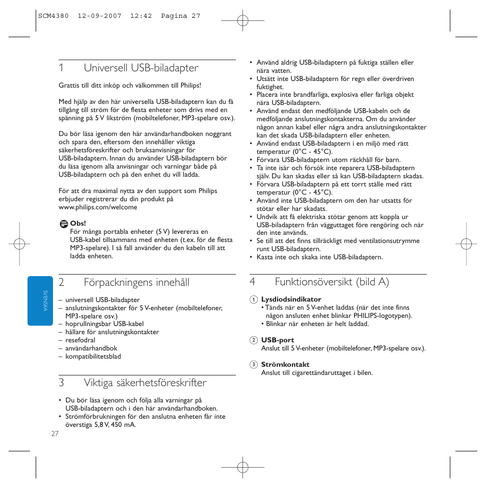 1universell usb-biladapter, 2förpackningens innehåll, 3viktiga säkerhetsföreskrifter | 4funktionsöversikt (bild a) | Philips Power2Charge User Manual | Page 27 / 49