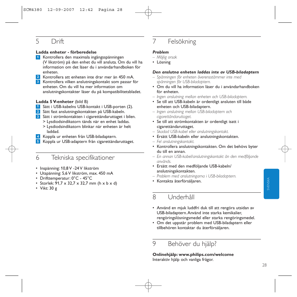 5drift, 6tekniska specifikationer, 7felsökning | 8underhåll, 9behöver du hjälp | Philips Power2Charge User Manual | Page 28 / 49