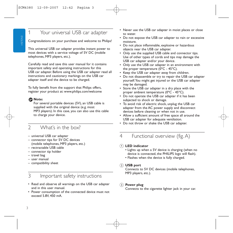 1your universal usb car adapter, 2what’s in the box, 3important safety instructions | 4functional overview (fig. a) | Philips Power2Charge User Manual | Page 3 / 49