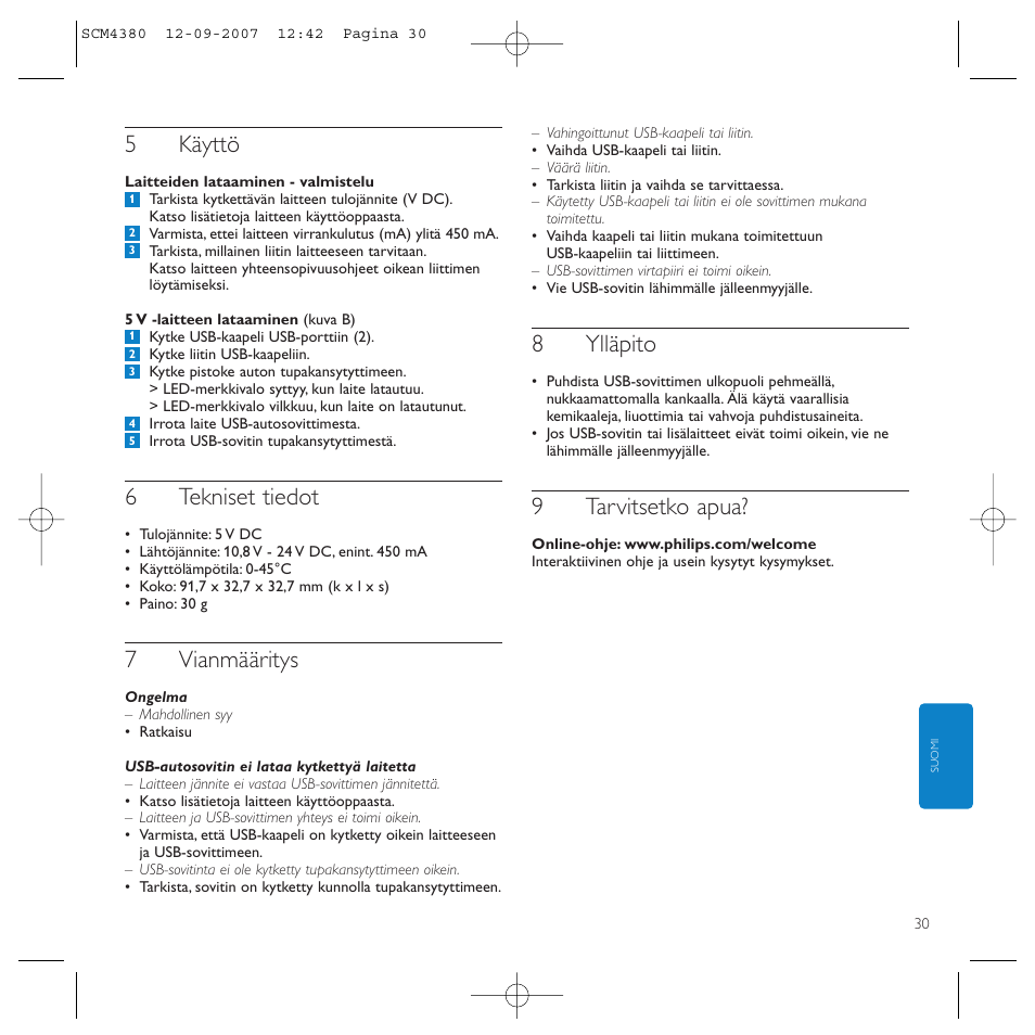 5käyttö, 6tekniset tiedot, 7vianmääritys | 8ylläpito, 9tarvitsetko apua | Philips Power2Charge User Manual | Page 30 / 49