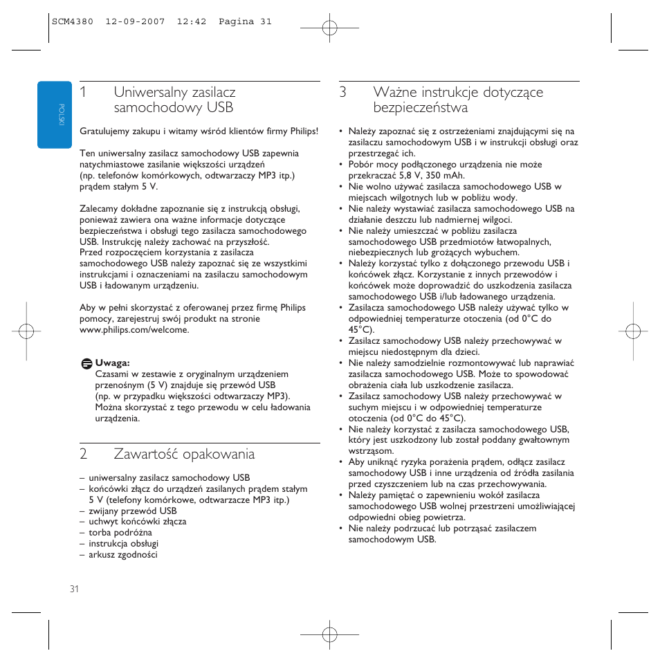 1uniwersalny zasilacz samochodowy usb, 2zawartość opakowania, 3ważne instrukcje dotyczące bezpieczeństwa | Philips Power2Charge User Manual | Page 31 / 49