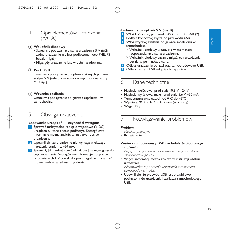 4opis elementów urządzenia (rys. a), 5obsługa urządzenia, 6dane techniczne | 7rozwiązywanie problemów | Philips Power2Charge User Manual | Page 32 / 49