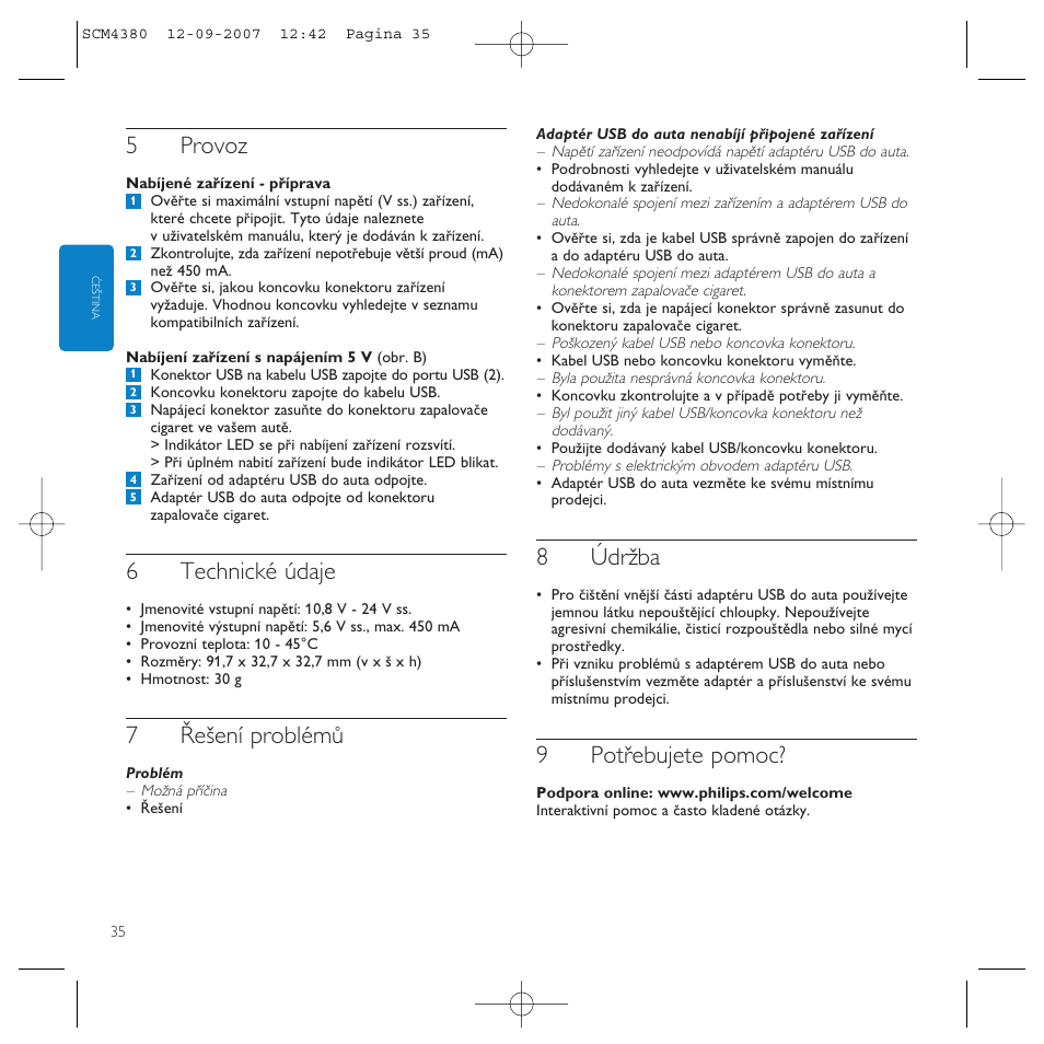 5provoz, 6technické údaje, 7řešení problémů | 8údržba, 9potřebujete pomoc | Philips Power2Charge User Manual | Page 35 / 49