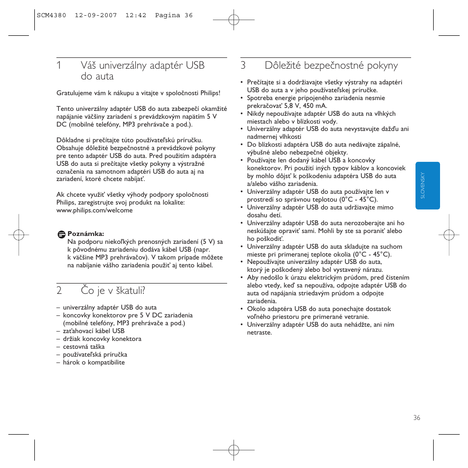 1váš univerzálny adaptér usb do auta, 2čo je v škatuli, 3dôležité bezpečnostné pokyny | Philips Power2Charge User Manual | Page 36 / 49