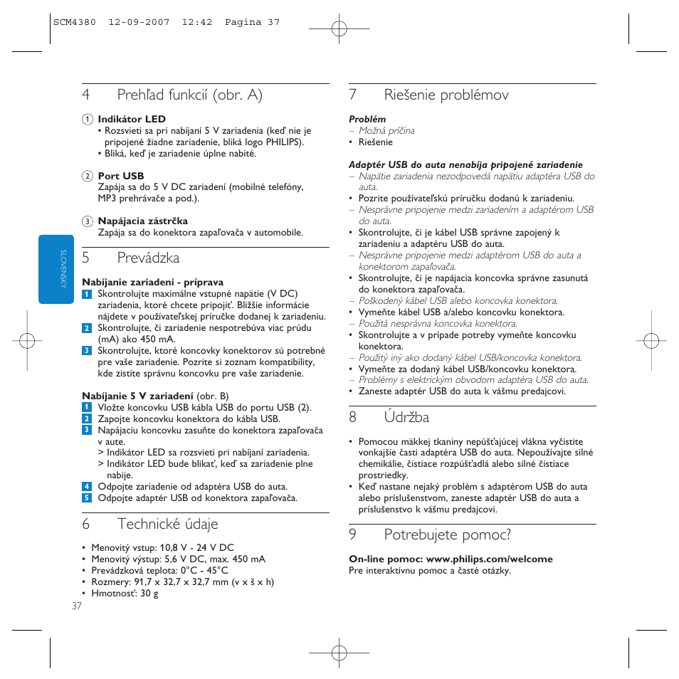 4prehľad funkcií (obr. a), 5prevádzka, 6technické údaje | 7riešenie problémov, 8údržba, 9potrebujete pomoc | Philips Power2Charge User Manual | Page 37 / 49