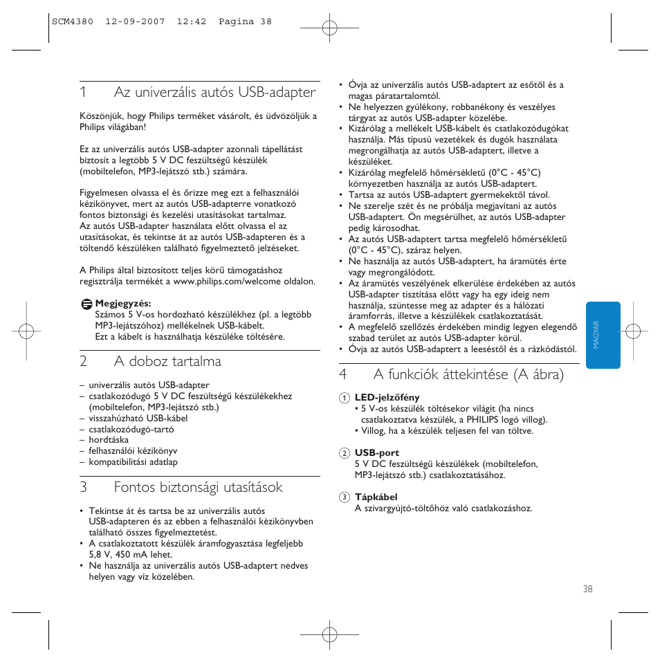 1az univerzális autós usb-adapter, 2a doboz tartalma, 3fontos biztonsági utasítások | 4a funkciók áttekintése (a ábra) | Philips Power2Charge User Manual | Page 38 / 49