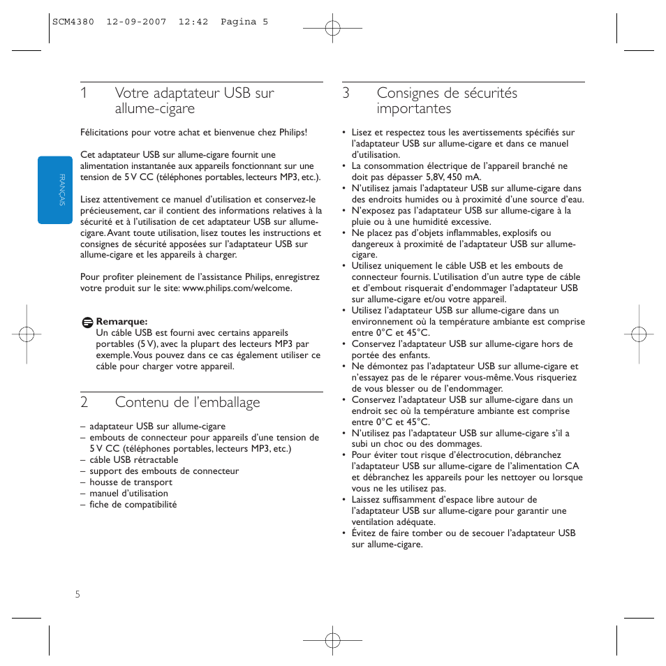 1votre adaptateur usb sur allume-cigare, 2contenu de l’emballage, 3consignes de sécurités importantes | Philips Power2Charge User Manual | Page 5 / 49