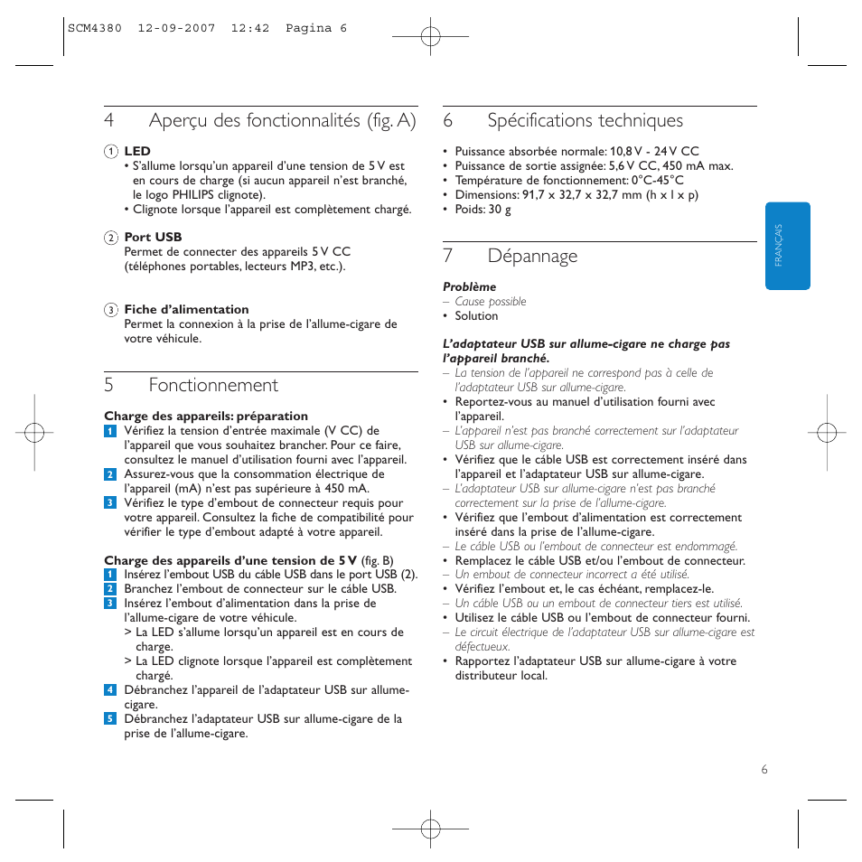 4aperçu des fonctionnalités (fig. a), 5fonctionnement, 6spécifications techniques | 7dépannage | Philips Power2Charge User Manual | Page 6 / 49