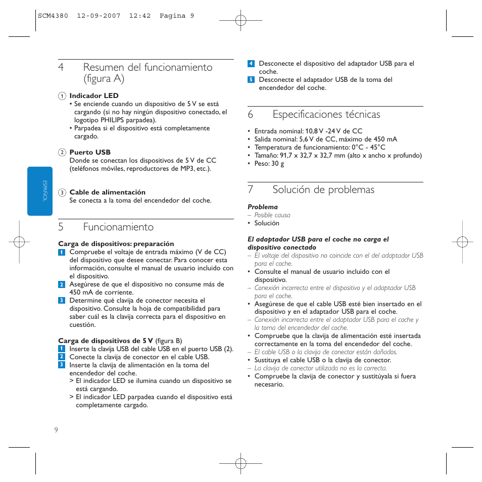 4resumen del funcionamiento (figura a), 5funcionamiento, 6especificaciones técnicas | 7solución de problemas | Philips Power2Charge User Manual | Page 9 / 49