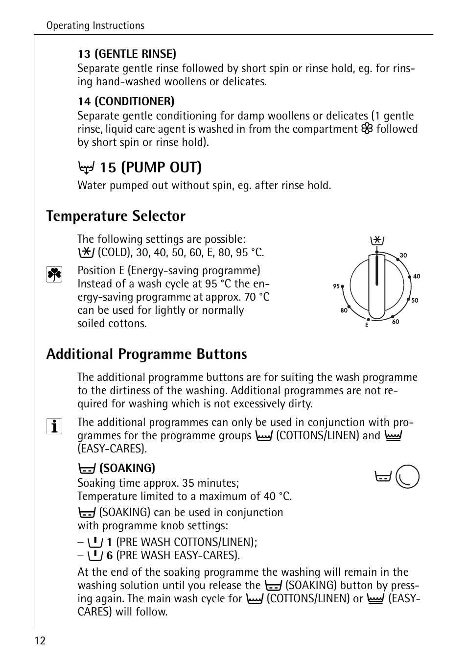 V 15 (pump out), Temperature selector, Additional programme buttons | AEG LAVAMAT W 808 User Manual | Page 12 / 52
