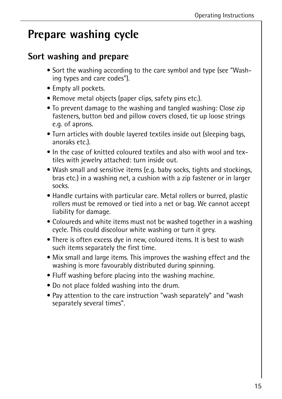 Prepare washing cycle, Sort washing and prepare | AEG LAVAMAT W 808 User Manual | Page 15 / 52