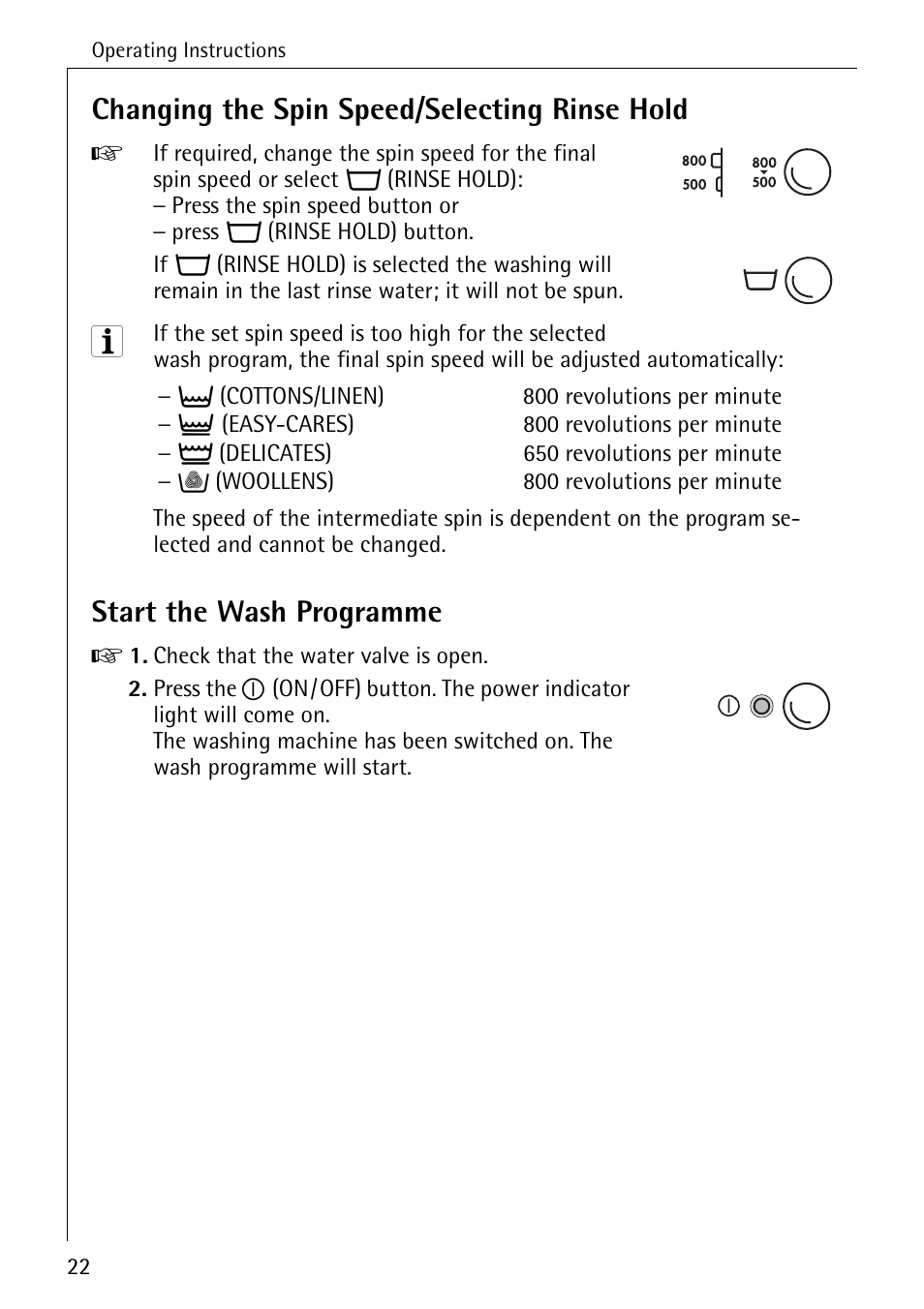 Changing the spin speed/selecting rinse hold, Start the wash programme | AEG LAVAMAT W 808 User Manual | Page 22 / 52
