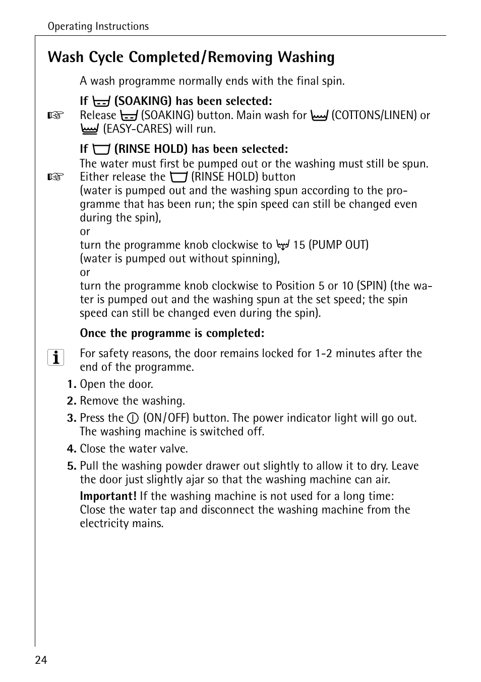 Wash cycle completed/removing washing | AEG LAVAMAT W 808 User Manual | Page 24 / 52