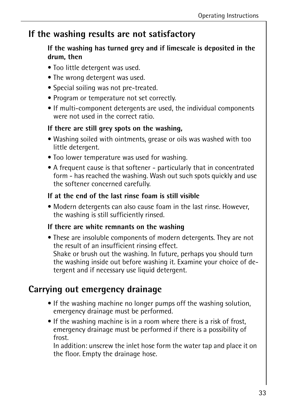 If the washing results are not satisfactory, Carrying out emergency drainage | AEG LAVAMAT W 808 User Manual | Page 33 / 52