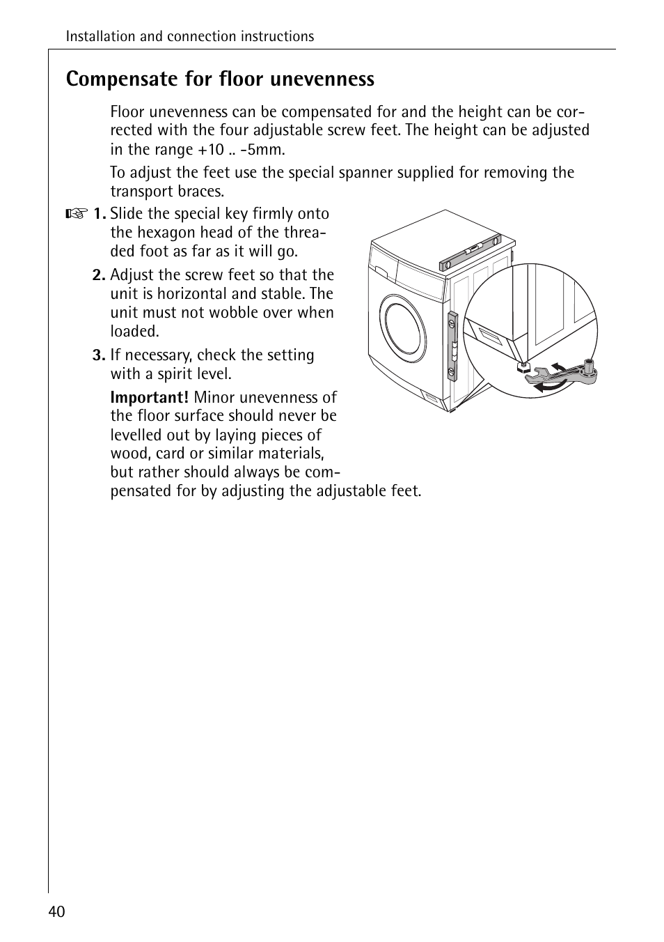 Compensate for floor unevenness | AEG LAVAMAT W 808 User Manual | Page 40 / 52