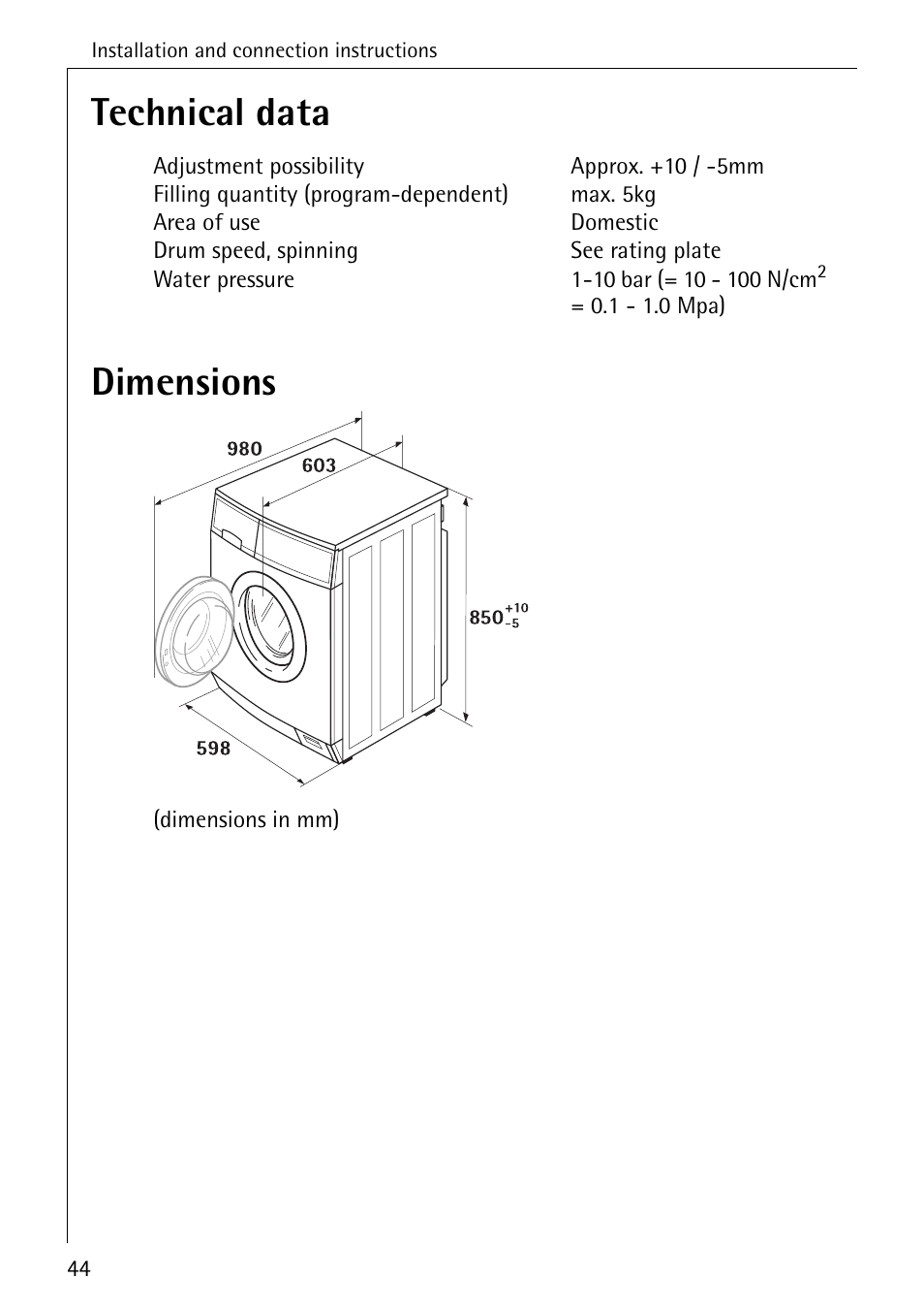 Technical data dimensions | AEG LAVAMAT W 808 User Manual | Page 44 / 52