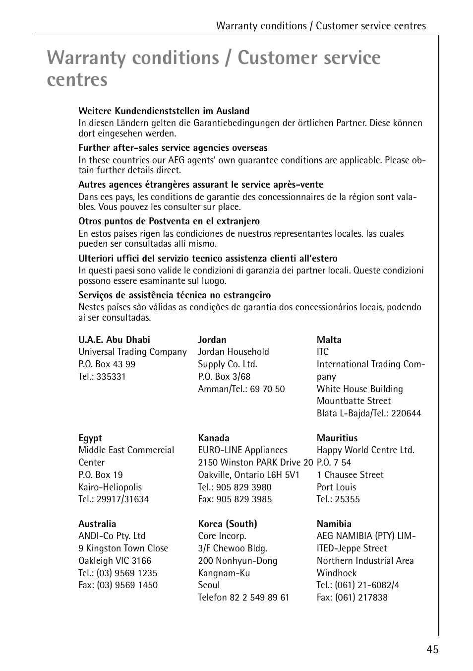 Warranty conditions / customer service centres | AEG LAVAMAT W 808 User Manual | Page 45 / 52