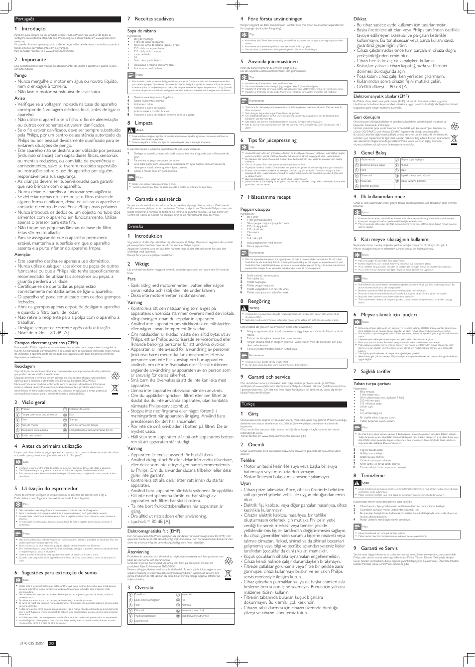 1 introdução, 2 importante, 3 visão geral | 4 antes da primeira utilização, 5 utilização do espremedor, 6 sugestões para extracção de sumo, 7 receitas saudáveis, 8 limpeza, 9 garantia e assistência, 1 introduktion | Philips Licuadora User Manual | Page 5 / 6