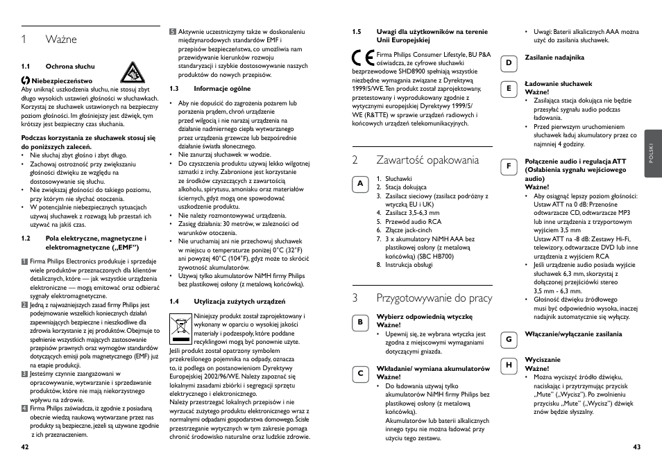 1 ważne, 2 zawartość opakowania, 3 przygotowywanie do pracy | Philips Auriculares digitales inalámbricos User Manual | Page 23 / 50