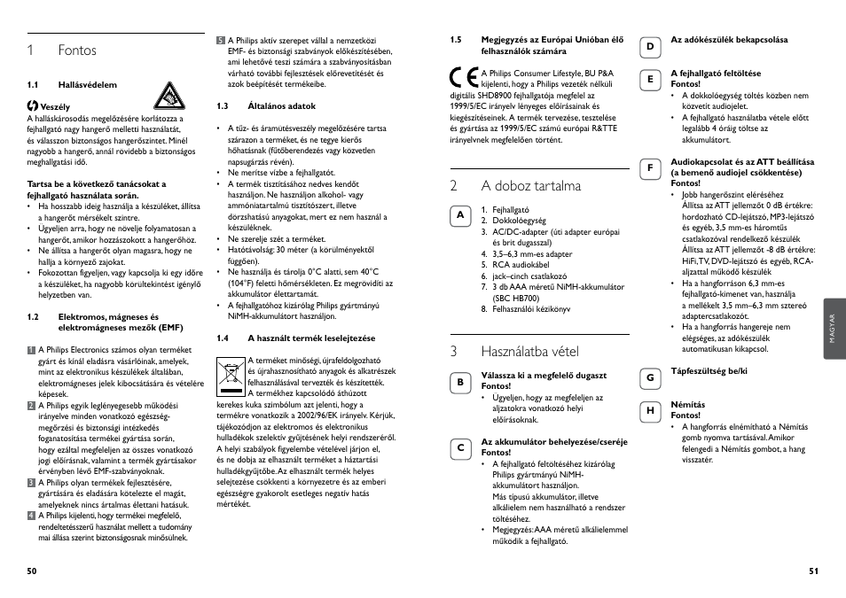 1 fontos, 2 a doboz tartalma, 3 használatba vétel | Philips Auriculares digitales inalámbricos User Manual | Page 27 / 50